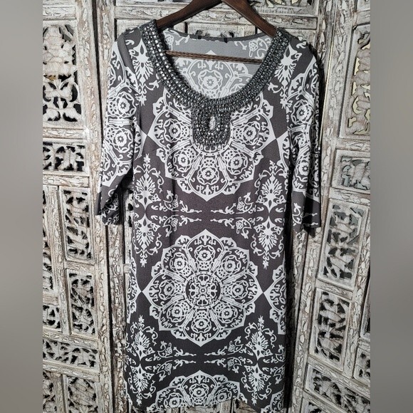 INC International Concept Boho Tunic Dress with Rhinestone Neckline 3/4 sleeve - Picture 4 of 9